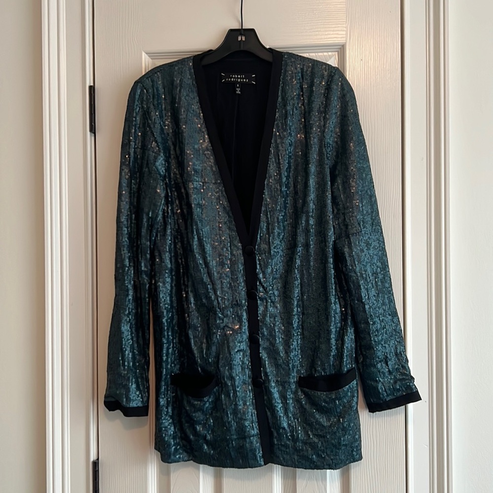 Dark Teal Sequined Robert Rodriquez Cardigan (SZ8)